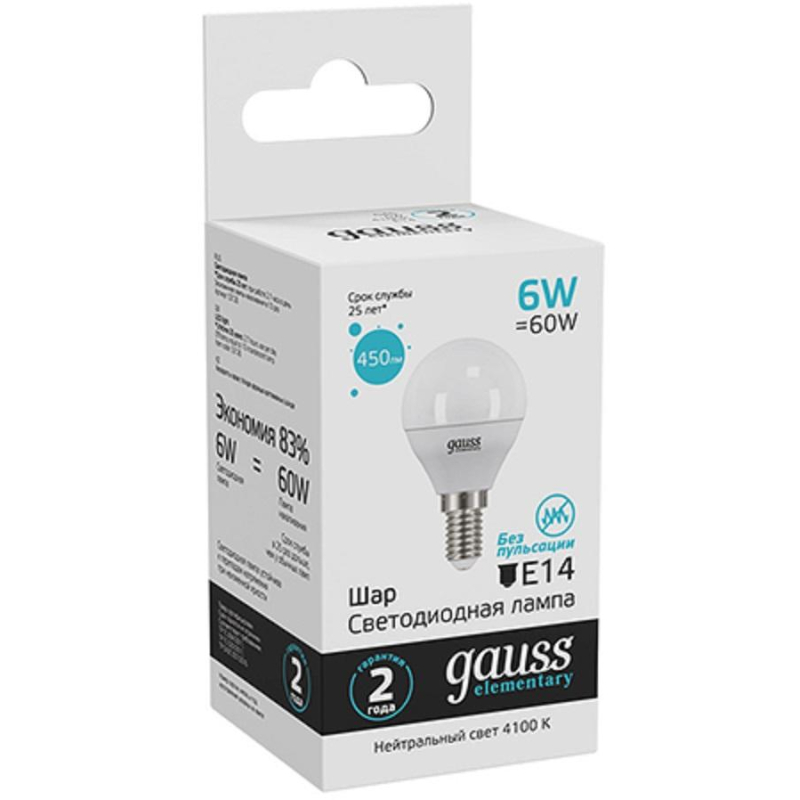   Gauss LED Elementary  6 E14 450 4100K (53126) 